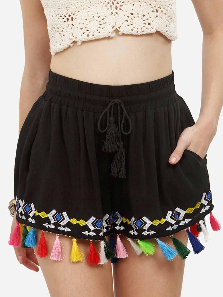Shein Black Embroidered Tassel Trim Tie Waist Pocket Shorts