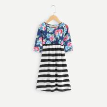 Shein Girls Contrast Striped Floral Print Dress