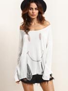 Shein White Knitted Ripped Long Sleeve T-shirt