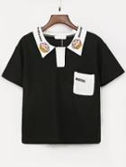 Shein Cupcake Print Contrast Collar Polo Shirt - Black