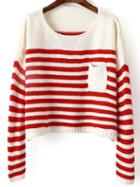 Shein Red Striped Drop Shoulder Sweater With Pocket