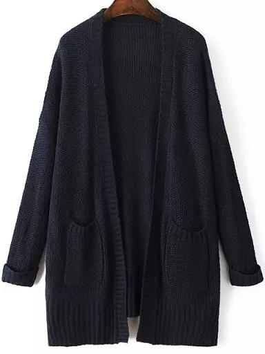Shein Navy Long Sleeve Pockets Loose Mohair Cardigan