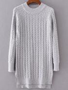 Shein Grey Cable Knit Raglan Sleeve Dip Hem Long Sweater