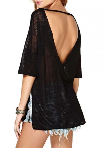 Rosewe Enchanting Round Neck Open Back Black T Shirt