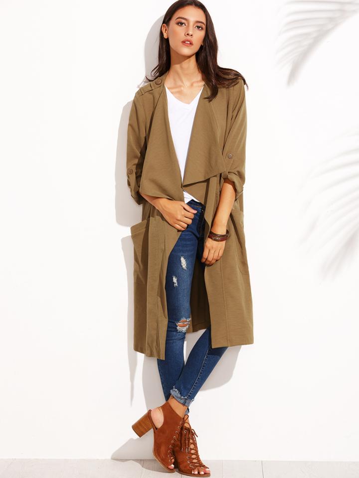 Shein Khaki Lapel Pocket Rolled Up Sleeve Long Outerwear