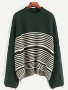Shein Green Drop Shoulder Striped Trim Sweater