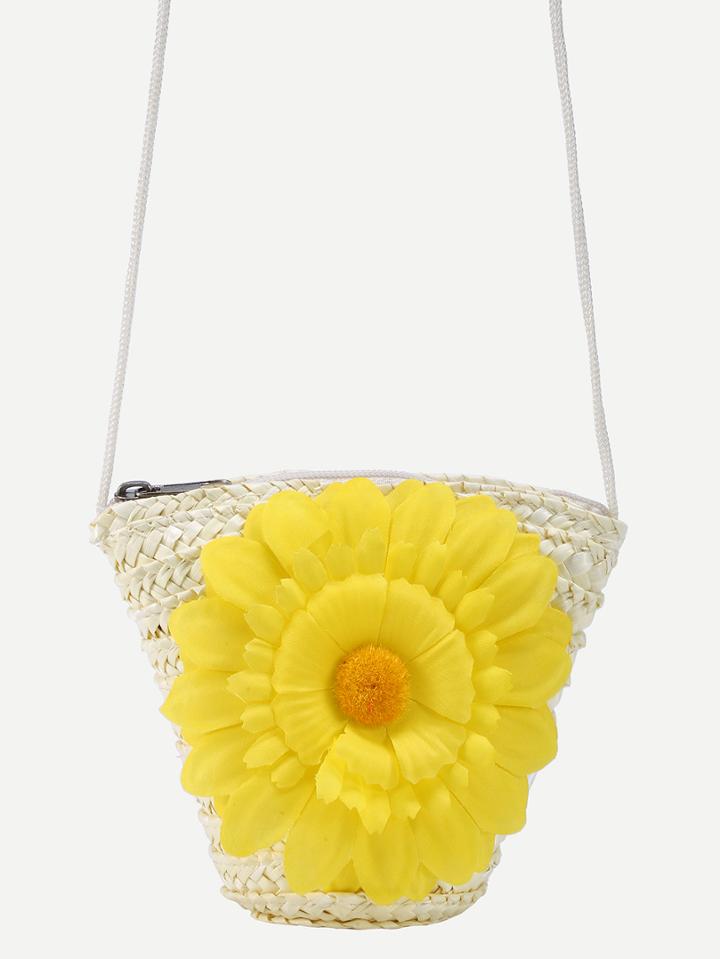 Shein Off White Flower Embellished Straw Crossbody Bag