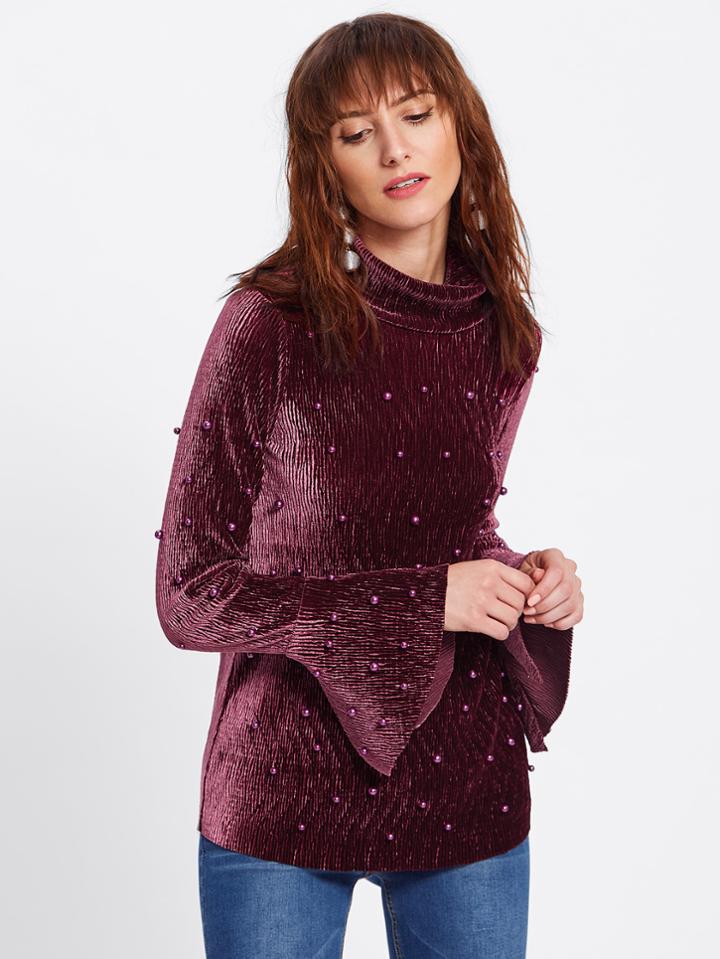 Shein Trumpet Sleeve Beaded Textured Velvet Tee