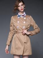 Shein Khaki Lapel Bow Patch Embroidered Long Sleeve Belt Coat