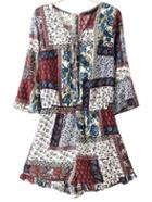 Shein Multicolor Tie Neck Bow Print Romper