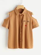 Shein Open Shoulder Shirt With Eyelash And Lip Embroidery