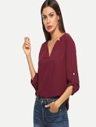 Shein Roll Up Sleeve V-neck Solid Top