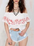Shein White Off The Shoulder Tribal Shirred Embroidered Blouse
