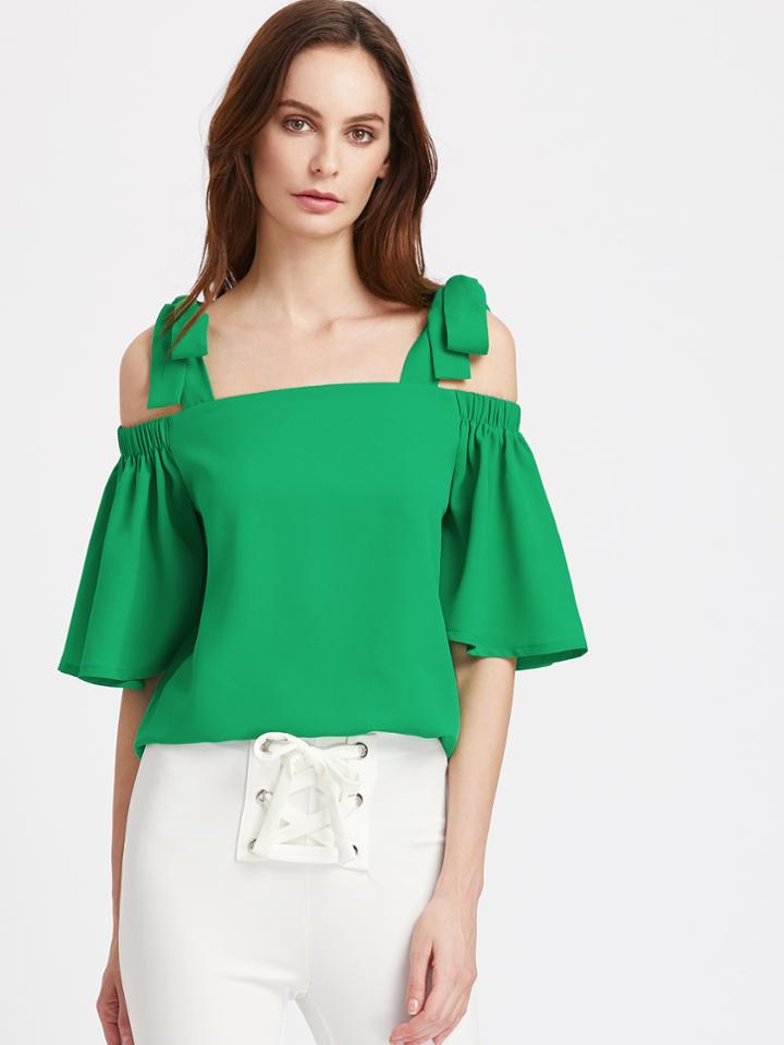 Shein Self Tie Shoulder Elasticized Bell Sleeve Top