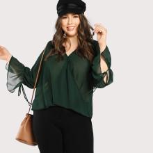 Shein Plus High Low Tie Sleeve Draped Wrap Top
