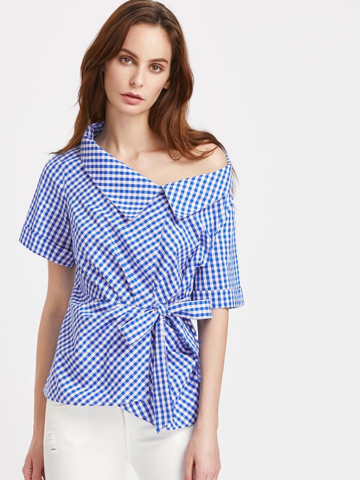Shein Asymmetric Collar Tie Waist Gingham Blouse