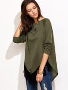 Shein Olive Green Raglan Sleeve Fringe Hem Asymmetric T-shirt