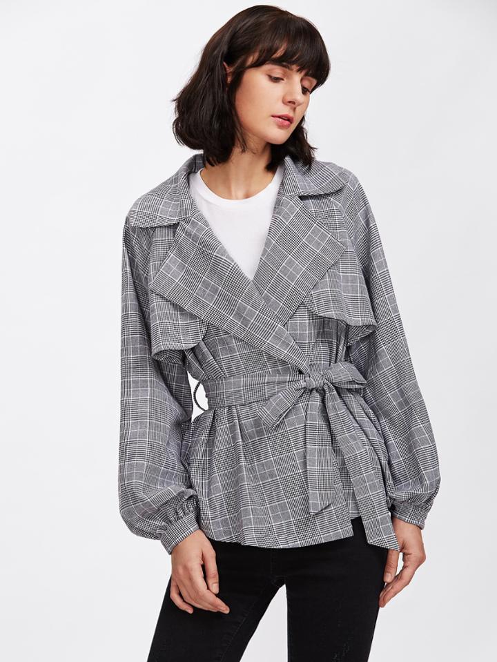 Shein Notch Collar Self Belted Gingham Coat
