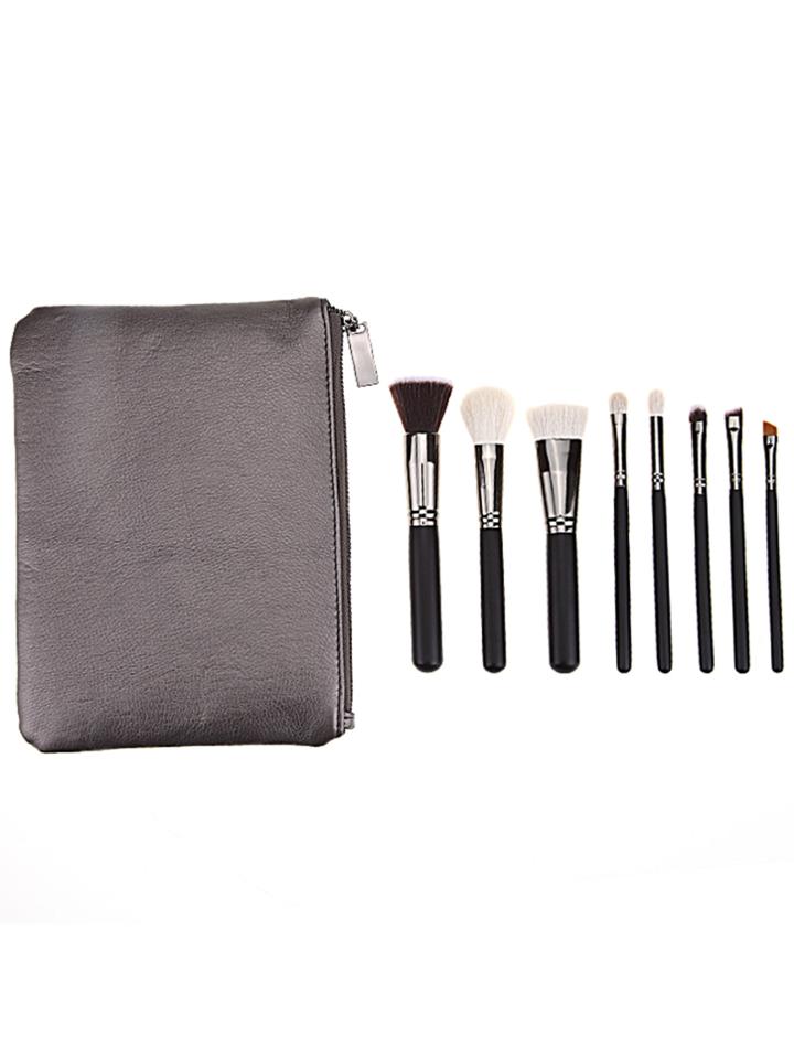 Shein 8pcs Black Professional Makeup Brush Set With Grey Bag