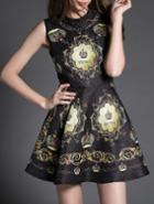 Shein Black Sleeveless Digital Print Beading Dress