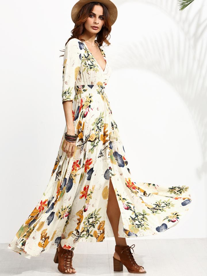 Shein Floral Print Deep V Neck Drawstring Button Dress