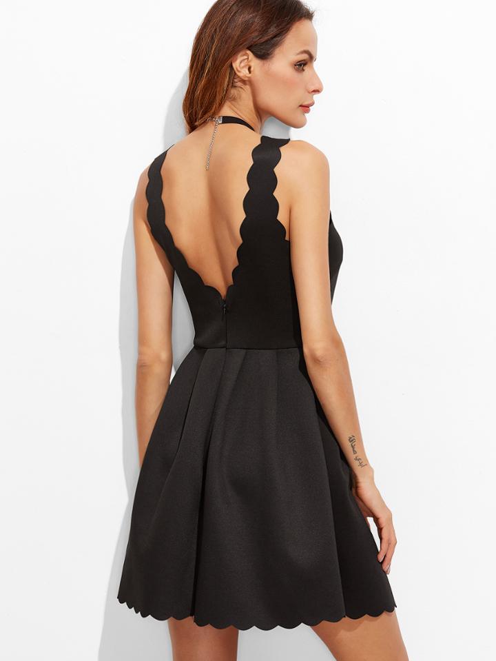 Shein Scallop Edge V Back Box Pleated Dress
