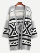Shein Grey Geo Pattern Open Front Long Sweater Coat