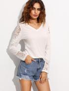 Shein White Appliques Lace Insert Long Sleeve T-shirt