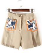 Shein Khaki Floral Print Pocket Pleated Shorts
