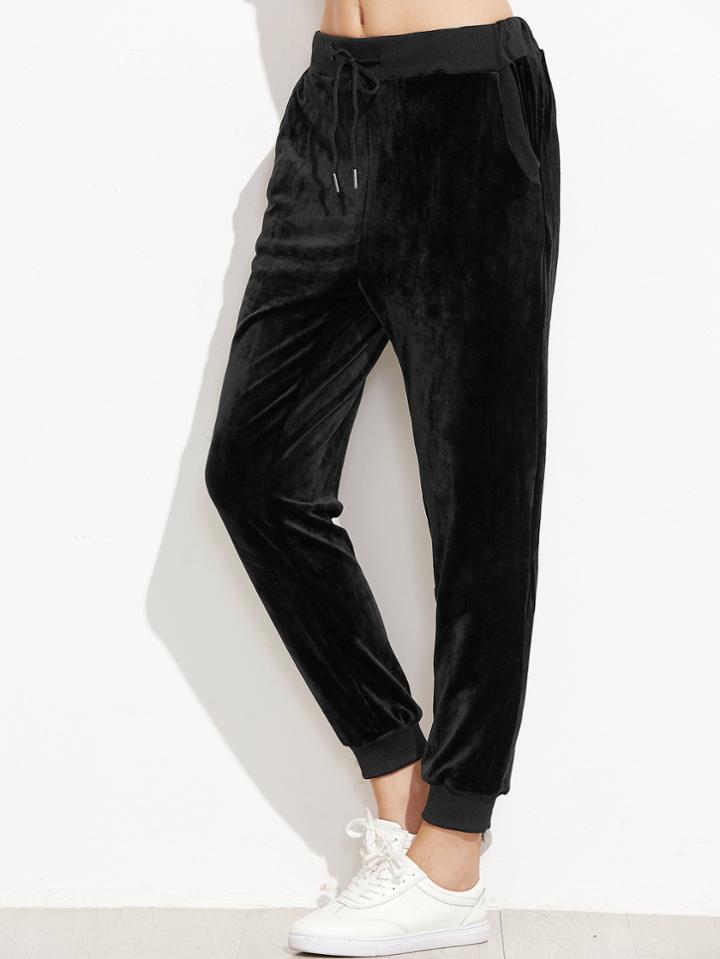 Shein Black Drawstring Ribbed Trim Velvet Pants
