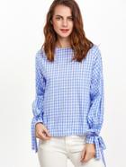 Shein Blue And White Gingham Tie Sleeve Button Back Blouse