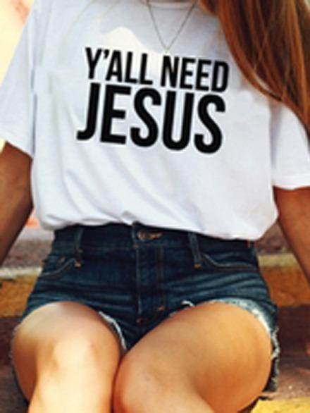 Shein Y'all Need Jesus-letters Printing Short Sleeve T-shirt