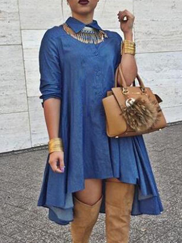 Shein Blue Lapel High Low Denim Shirt Dress