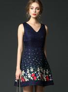 Shein Navy V Neck Sleeveless Embroidered Jacquard Dress