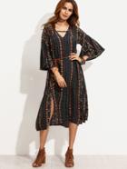 Shein Navy Random Tribal Print Belted Slit Dress