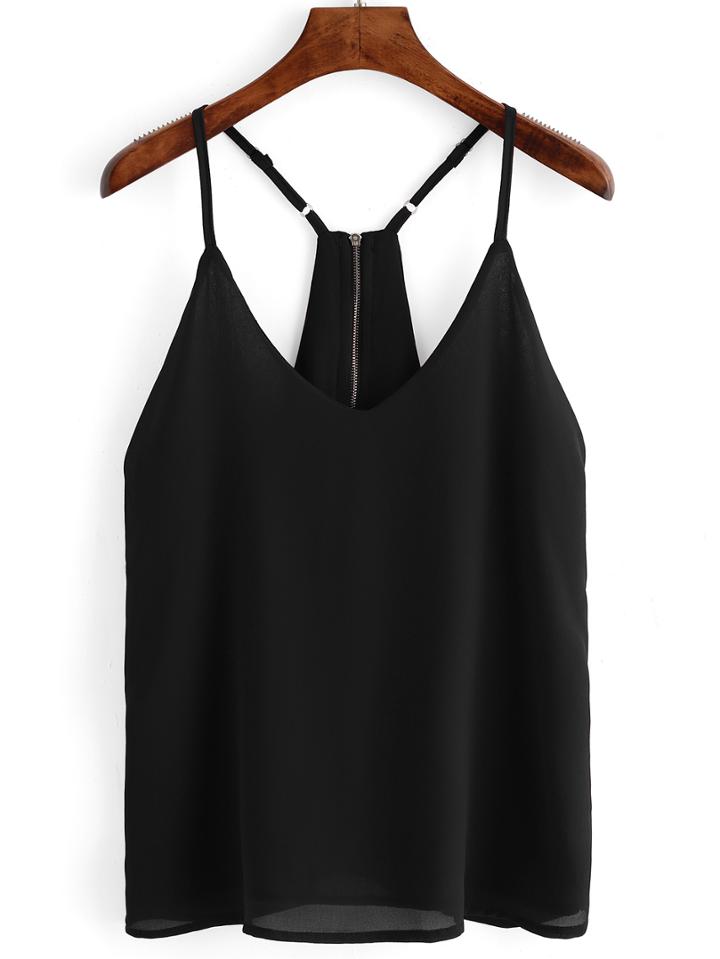Shein Black Spaghetti Strap Zipper Chiffon Cami Top