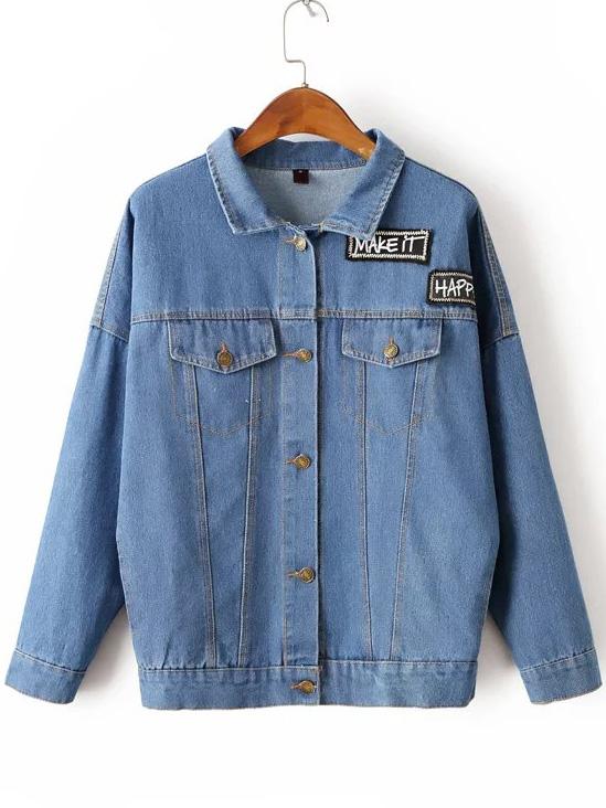Shein Blue Letter Embroidery Denim Jacket
