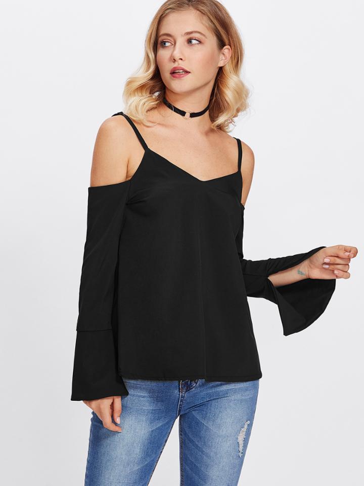 Shein Cold Shoulder Split Sleeve Open Back Top