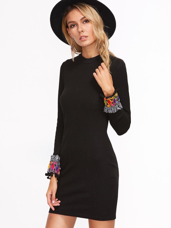 Shein Black Embroidered Cuff Ribbed Bodycon Dress