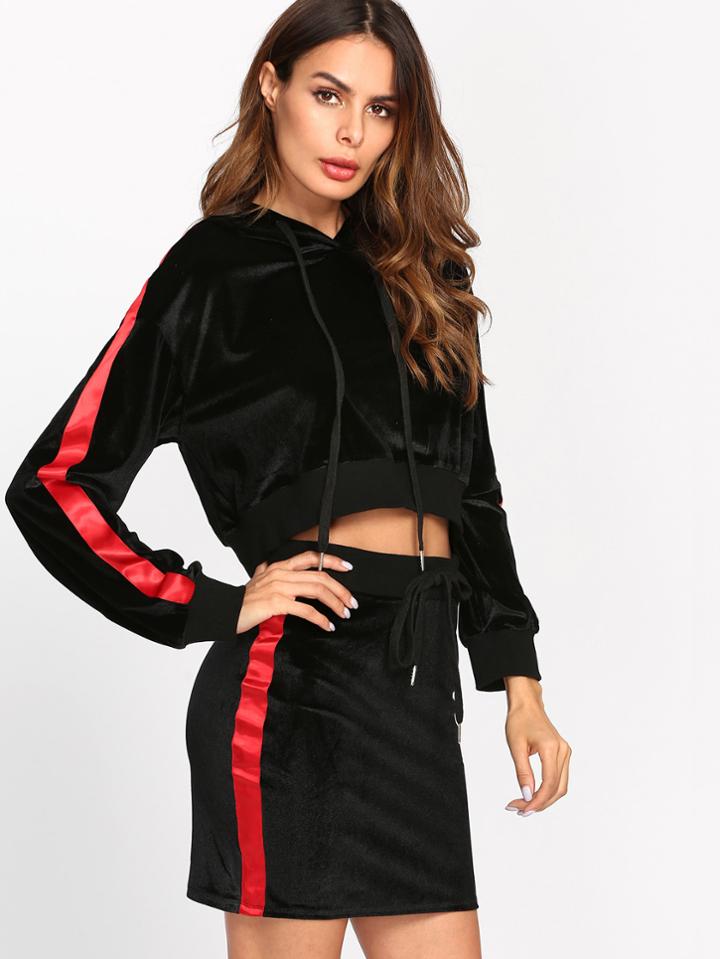 Shein Striped Raglan Crop Velvet Hoodie & Shorts Set