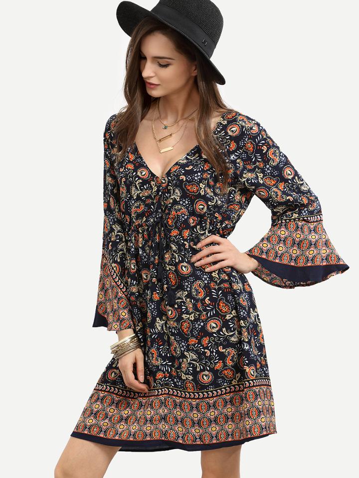 Shein V Neck Tribal Print Open Back Lace Up Vintage Dress