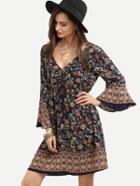 Shein V Neck Tribal Print Open Back Lace Up Vintage Dress