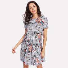 Shein Plaid And Flower Print Drop Waist Dress
