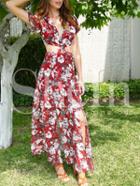 Shein Red V-neck Twist Front Floral Print Split Maxi Dress
