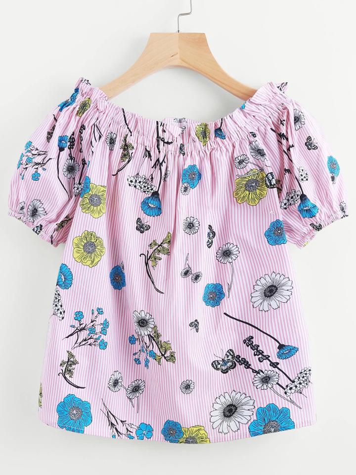 Shein Vertical Striped Florals Boat Neckline Top
