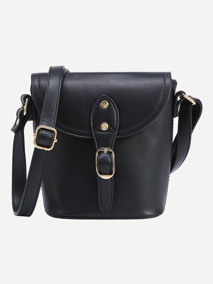 Shein Buckled Strap Flap Bucket Bag - Black