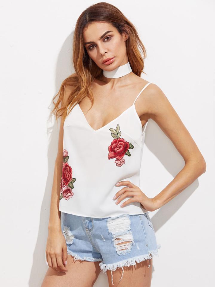 Shein Double V Neck Embroidered Applique Cami Top With Neck Tie