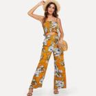 Shein Button Front Shirred Bandeau Top And Wide Leg Pants Set