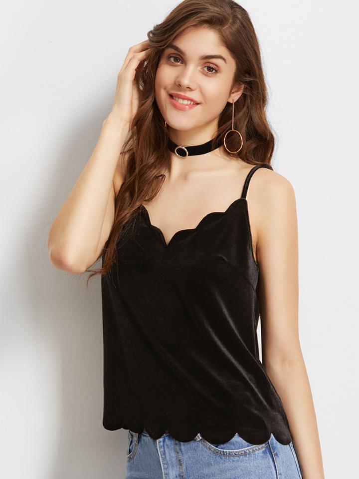 Shein Black Scallop Edge Velvet Cami Top