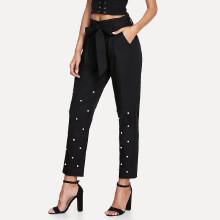 Shein Pearl Beaded Self Tie Waist Pants